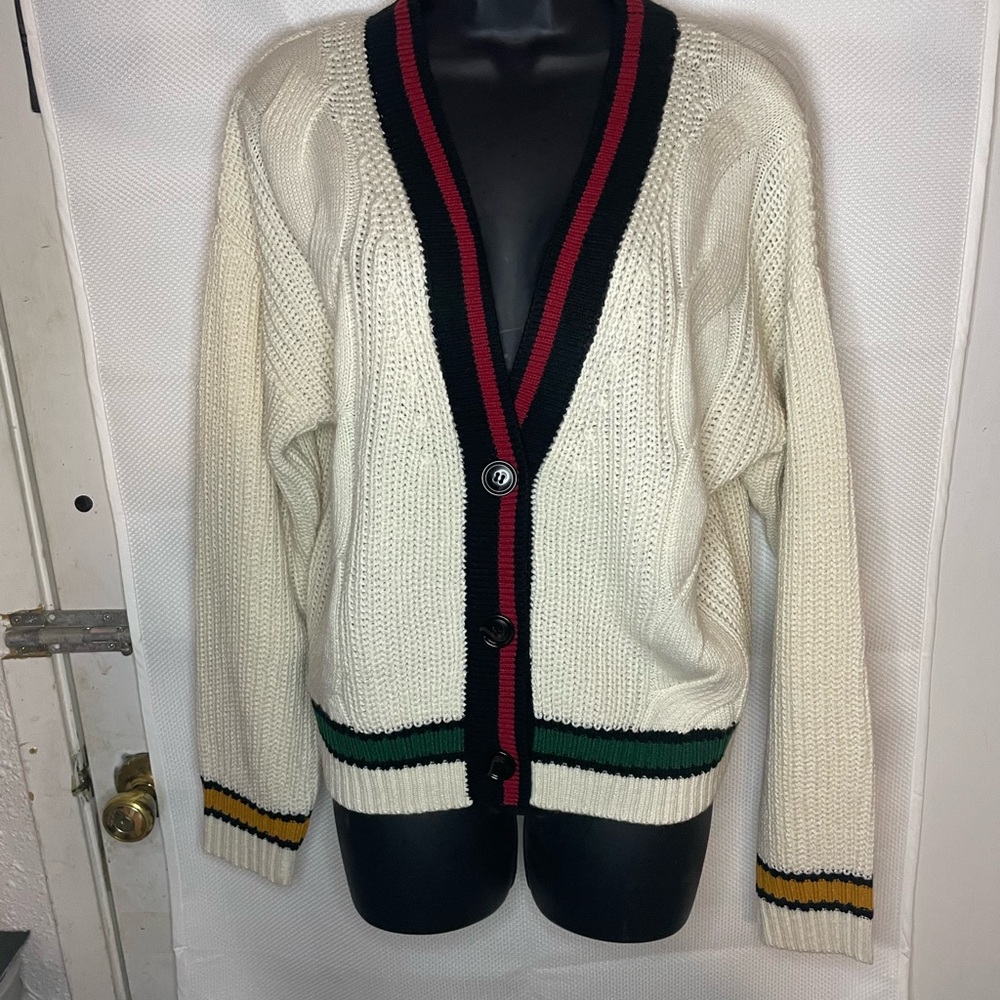 Zenana Outfitters Cream V-Neck Sweater with Black and Red Accents